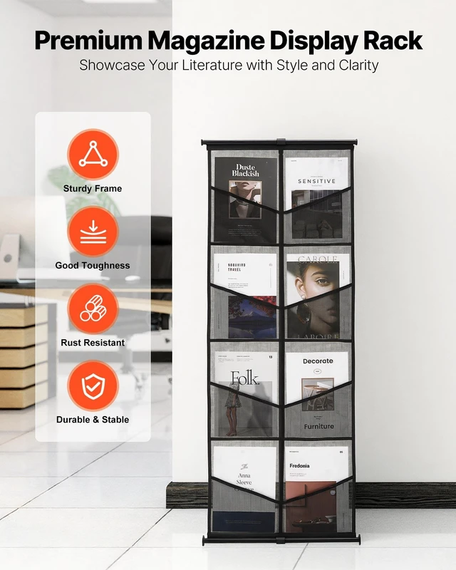 Alt view image 2 of 8 - VEVOR Brochure Display Stand, 4-Tier 8 Pockets Mesh Literature Display Holder, Floor Standing Magazine Newspaper Catalog Rack, Lightweight and Portable with Carrying Bag for Shop Exhibitions Office