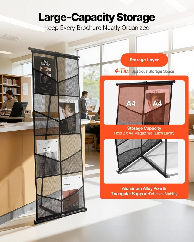 Alt view image 3 of 8 - VEVOR Brochure Display Stand, 4-Tier 8 Pockets Mesh Literature Display Holder, Floor Standing Magazine Newspaper Catalog Rack, Lightweight and Portable with Carrying Bag for Shop Exhibitions Office