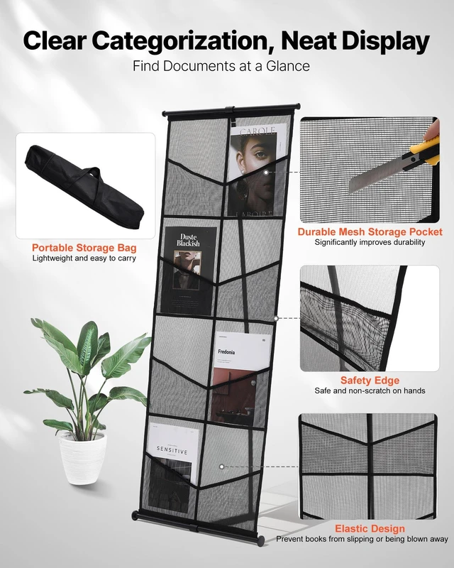 Alt view image 4 of 8 - VEVOR Brochure Display Stand, 4-Tier 8 Pockets Mesh Literature Display Holder, Floor Standing Magazine Newspaper Catalog Rack, Lightweight and Portable with Carrying Bag for Shop Exhibitions Office