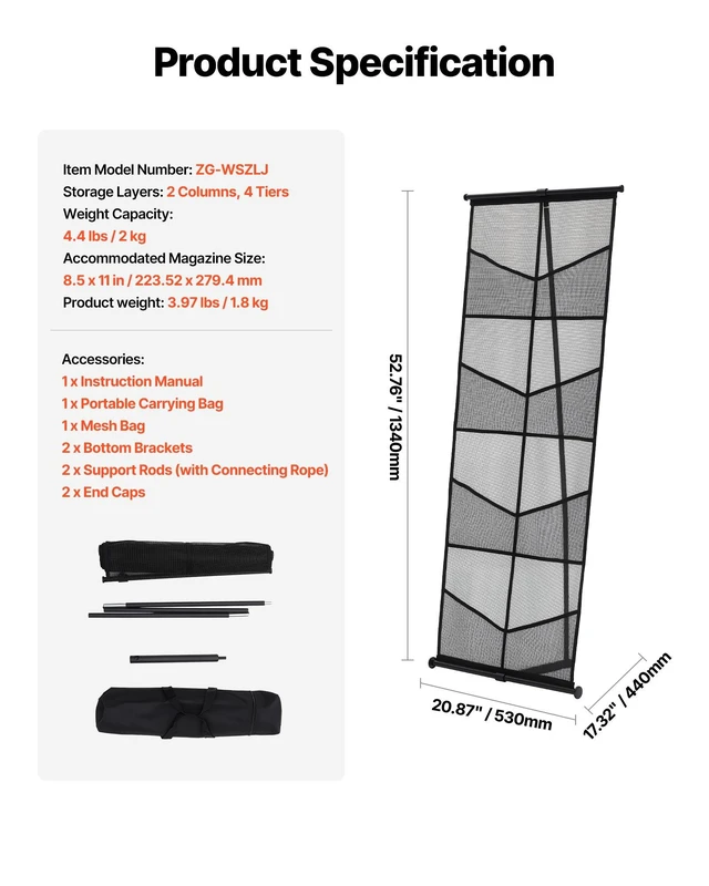 Alt view image 7 of 8 - VEVOR Brochure Display Stand, 4-Tier 8 Pockets Mesh Literature Display Holder, Floor Standing Magazine Newspaper Catalog Rack, Lightweight and Portable with Carrying Bag for Shop Exhibitions Office