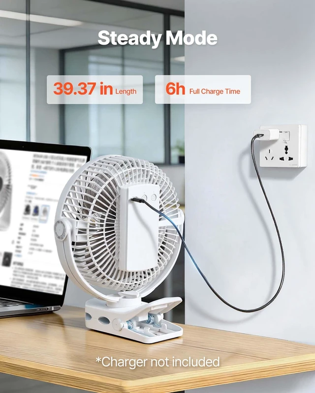 Alt view image 6 of 8 - VEVOR Portable Clip Fan, Rechargeable Clip On Fan, USB Port with 3 Speeds & Circulation Mode, Strong Airflow Sturdy Clamp, Long Runtime for Desk, Golf Cart, Outdoor Camping Treadmill, Office, White