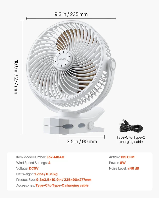 Alt view image 7 of 8 - VEVOR Portable Clip Fan, Rechargeable Clip On Fan, USB Port with 3 Speeds & Circulation Mode, Strong Airflow Sturdy Clamp, Long Runtime for Desk, Golf Cart, Outdoor Camping Treadmill, Office, White