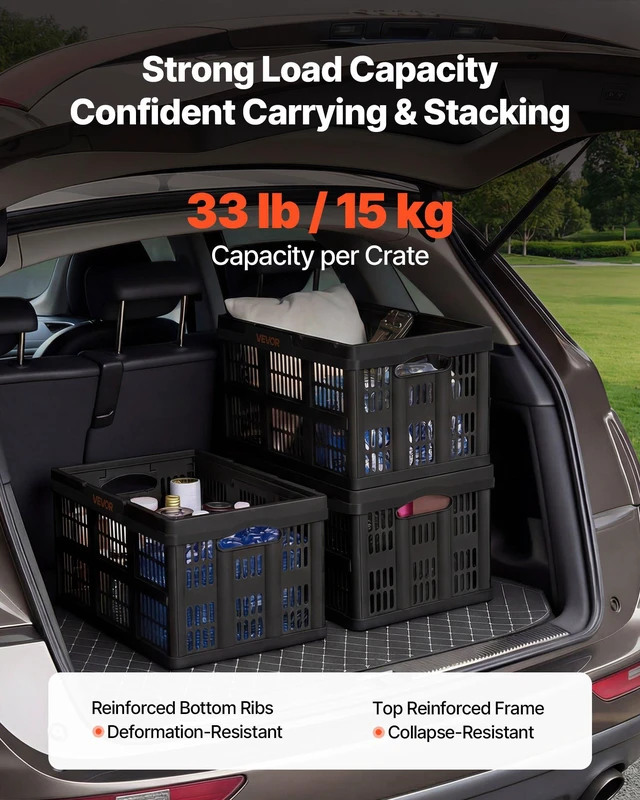 Alt view image 3 of 8 - VEVOR Plastic Collapsible Storage Bins, 45L 3 Packs, Stackable Folding Storage Crates with Handles, Holds 33 lbs Per Bin, Foldable Heavy Duty Containers, Space-Saving Baskets, for Home Organizing