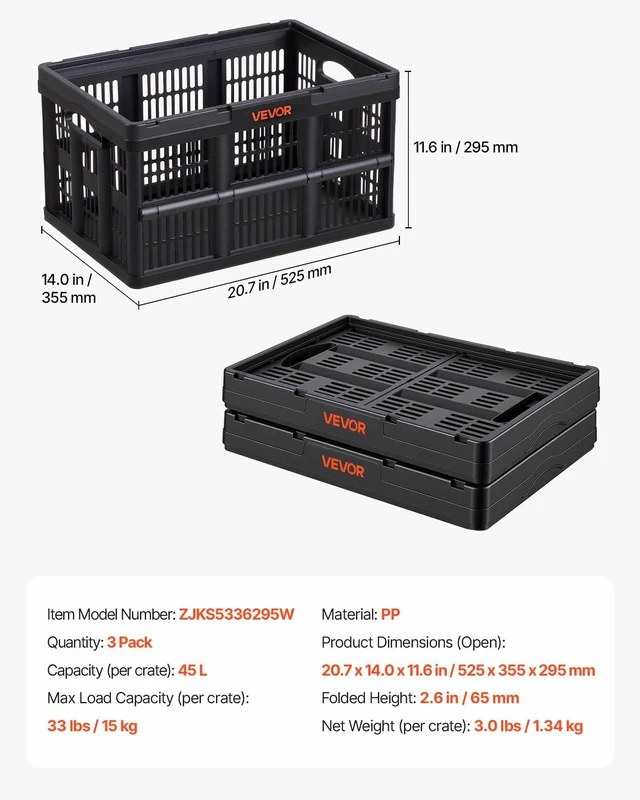 Alt view image 7 of 8 - VEVOR Plastic Collapsible Storage Bins, 45L 3 Packs, Stackable Folding Storage Crates with Handles, Holds 33 lbs Per Bin, Foldable Heavy Duty Containers, Space-Saving Baskets, for Home Organizing