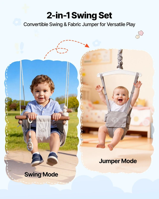 Alt view image 2 of 8 - VEVOR Toddler Swing and Jumper, 2 in 1 Swing Set and Bouncer, Soft Cushion with Foldable A-Frame Metal Stand, Heavy-Duty Thick Ropes, Easy to Install and Store, for Indoor or Outdoor Play, Gray