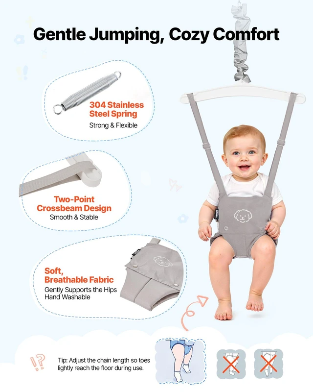 Alt view image 5 of 8 - VEVOR Toddler Swing and Jumper, 2 in 1 Swing Set and Bouncer, Soft Cushion with Foldable A-Frame Metal Stand, Heavy-Duty Thick Ropes, Easy to Install and Store, for Indoor or Outdoor Play, Gray