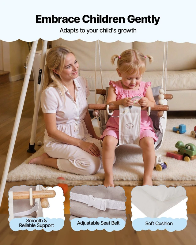 Alt view image 4 of 8 - VEVOR Toddler Swing and Jumper, 2 in 1 Swing Set and Bouncer, Soft Cushion with Foldable A-Frame Metal Stand, Heavy-Duty Thick Ropes, Easy to Install and Store, for Indoor or Outdoor Play, Gray