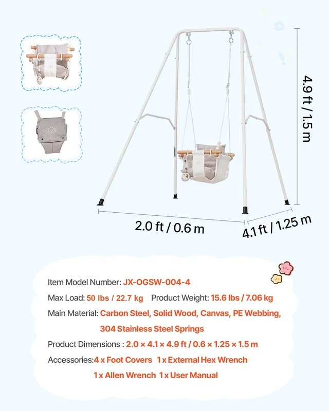 Alt view image 7 of 8 - VEVOR Toddler Swing and Jumper, 2 in 1 Swing Set and Bouncer, Soft Cushion with Foldable A-Frame Metal Stand, Heavy-Duty Thick Ropes, Easy to Install and Store, for Indoor or Outdoor Play, Gray