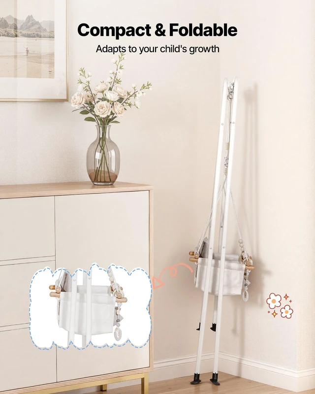 Alt view image 6 of 8 - VEVOR Toddler Swing and Jumper, 2 in 1 Swing Set and Bouncer, Soft Cushion with Foldable A-Frame Metal Stand, Heavy-Duty Thick Ropes, Easy to Install and Store, for Indoor or Outdoor Play, Gray