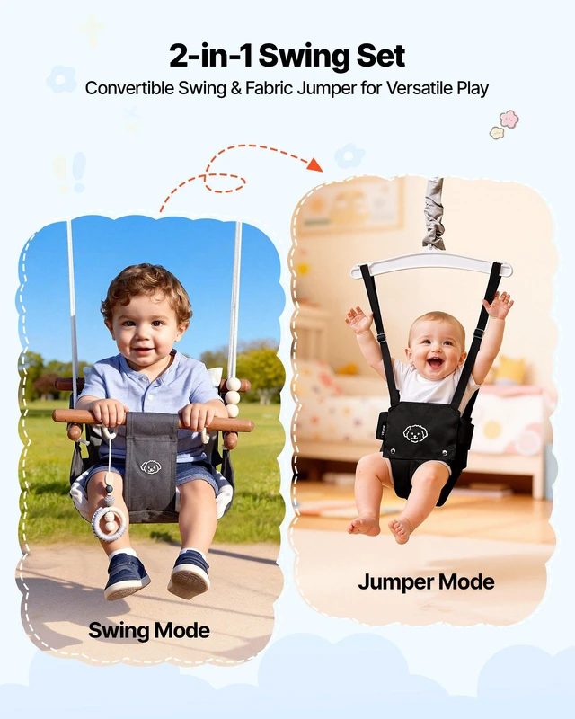 Alt view image 2 of 8 - VEVOR Toddler Swing and Jumper, 2 in 1 Swing Set and Bouncer, Soft Cushion with Foldable A-Frame Metal Stand, Heavy-Duty Thick Ropes, Easy to Install and Store, for Indoor or Outdoor Play, Black