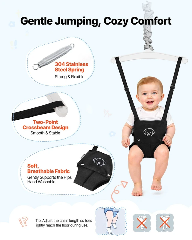 Alt view image 5 of 8 - VEVOR Toddler Swing and Jumper, 2 in 1 Swing Set and Bouncer, Soft Cushion with Foldable A-Frame Metal Stand, Heavy-Duty Thick Ropes, Easy to Install and Store, for Indoor or Outdoor Play, Black