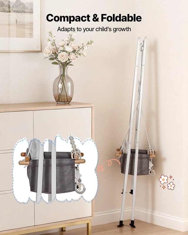 Alt view image 6 of 8 - VEVOR Toddler Swing and Jumper, 2 in 1 Swing Set and Bouncer, Soft Cushion with Foldable A-Frame Metal Stand, Heavy-Duty Thick Ropes, Easy to Install and Store, for Indoor or Outdoor Play, Black