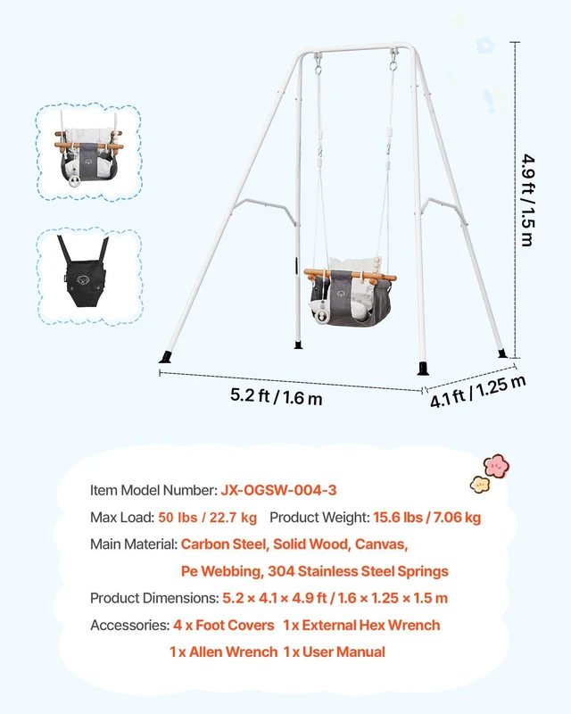 Alt view image 7 of 8 - VEVOR Toddler Swing and Jumper, 2 in 1 Swing Set and Bouncer, Soft Cushion with Foldable A-Frame Metal Stand, Heavy-Duty Thick Ropes, Easy to Install and Store, for Indoor or Outdoor Play, Black