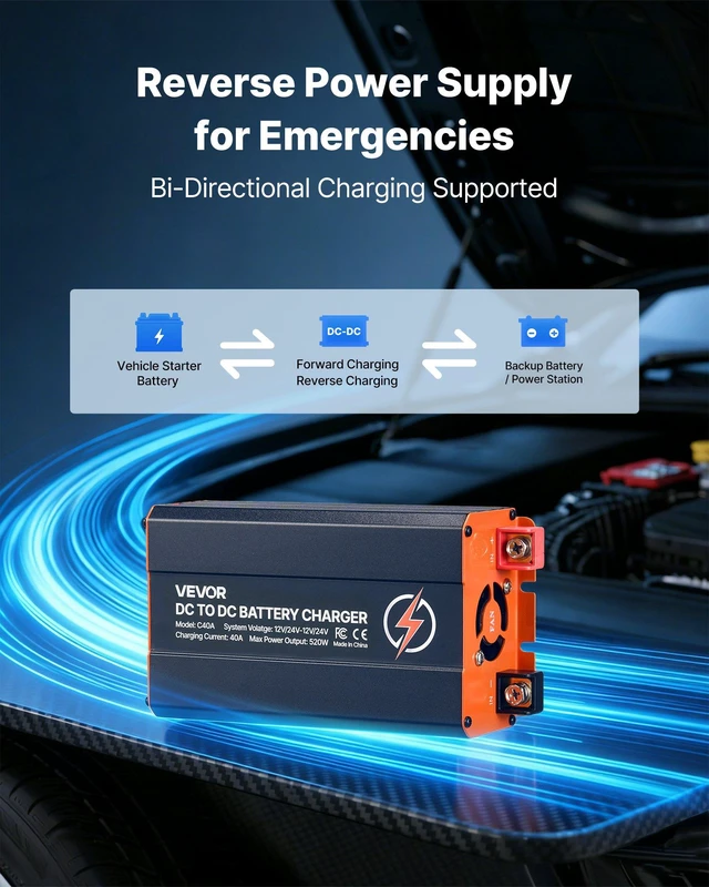 Alt view image 3 of 8 - VEVOR DC to DC Battery Charger, 520W, 40A Alternator Charger, Fast DC-DC Charging for Portable Power Stations, Compatible with LiFePO4 Lead-Acid AGM GEL Batteries, 12V/24V-12V/24V, for RV Home Backup