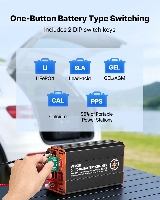 Alt view image 5 of 8 - VEVOR DC to DC Battery Charger, 520W, 40A Alternator Charger, Fast DC-DC Charging for Portable Power Stations, Compatible with LiFePO4 Lead-Acid AGM GEL Batteries, 12V/24V-12V/24V, for RV Home Backup