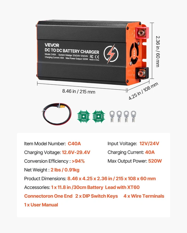 Alt view image 7 of 8 - VEVOR DC to DC Battery Charger, 520W, 40A Alternator Charger, Fast DC-DC Charging for Portable Power Stations, Compatible with LiFePO4 Lead-Acid AGM GEL Batteries, 12V/24V-12V/24V, for RV Home Backup