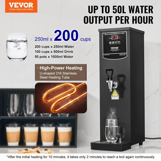 Alt view image 2 of 8 - VEVOR Commercial Water Boiler, Electric Hot Water Dispenser with 316 Stainless Steel Heating Tube, 1500W Step-by-step Fast Heating 50L per Hour Hot Water Boiler, for Coffee Tea Restaurant Office
