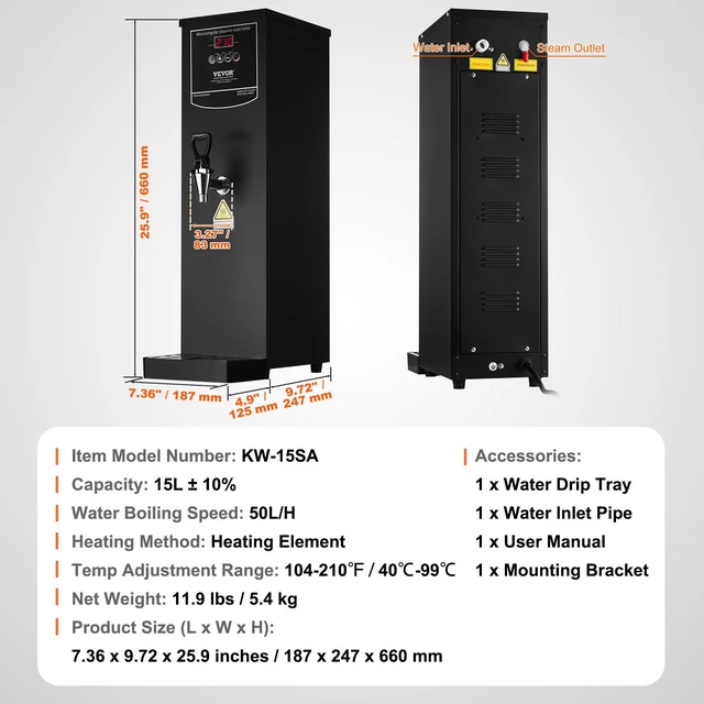 Alt view image 7 of 8 - VEVOR Commercial Water Boiler, Electric Hot Water Dispenser with 316 Stainless Steel Heating Tube, 1500W Step-by-step Fast Heating 50L per Hour Hot Water Boiler, for Coffee Tea Restaurant Office