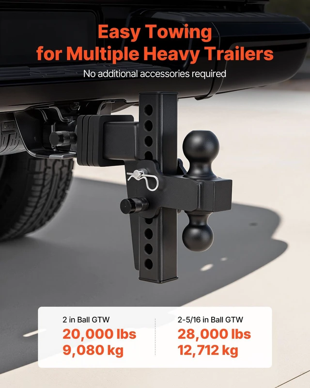 Alt view image 2 of 8 - VEVOR Adjustable Trailer Hitch, Fit 2.5 Inch Receiver, Trailer Hitch Mount with 2 Inch & 2-5/16 Inch Balls, 28000 lbs GTW, 8 Inch Drop, Towing Ball Mounts for RVs, Off-Road Vehicles and Trucks, Black