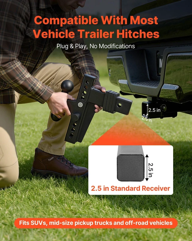 Alt view image 3 of 8 - VEVOR Adjustable Trailer Hitch, Fit 2.5 Inch Receiver, Trailer Hitch Mount with 2 Inch & 2-5/16 Inch Balls, 28000 lbs GTW, 8 Inch Drop, Towing Ball Mounts for RVs, Off-Road Vehicles and Trucks, Black