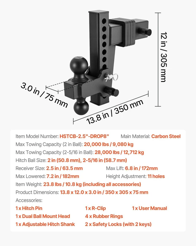 Alt view image 7 of 8 - VEVOR Adjustable Trailer Hitch, Fit 2.5 Inch Receiver, Trailer Hitch Mount with 2 Inch & 2-5/16 Inch Balls, 28000 lbs GTW, 8 Inch Drop, Towing Ball Mounts for RVs, Off-Road Vehicles and Trucks, Black