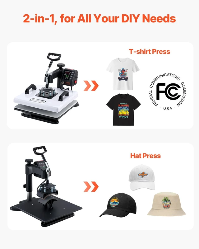 Alt view image 2 of 8 - VEVOR Heat Press Machine, 15 x 15 in, 2-in-1 Multifunction, 360° Swing Away, 1200W Double Tube Fast and Even Heating, Digital Precise Control, Sublimation Press Machine for T-Shirts, Hats, Caps