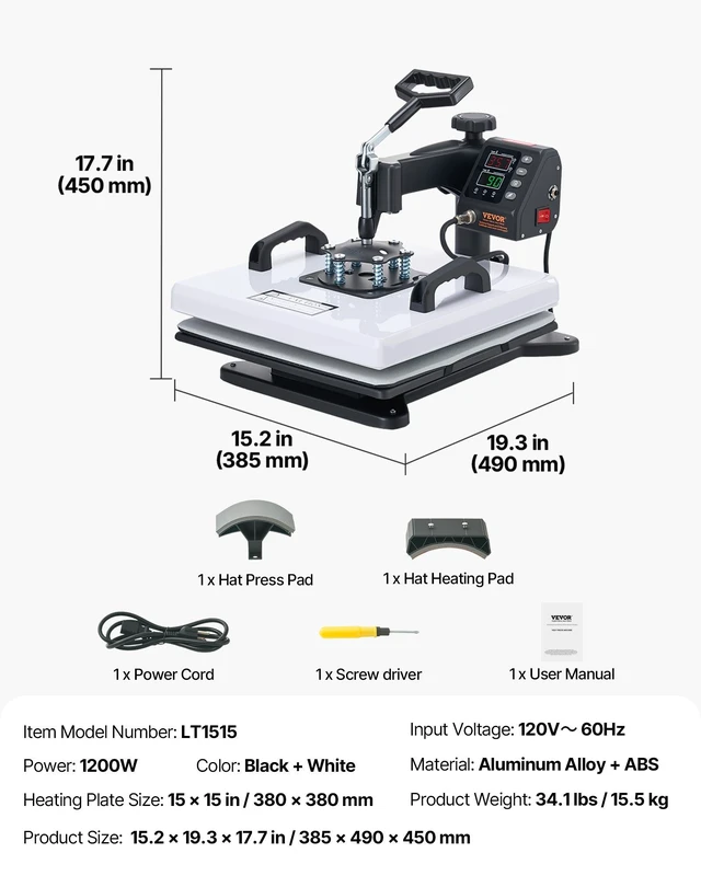 Alt view image 7 of 8 - VEVOR Heat Press Machine, 15 x 15 in, 2-in-1 Multifunction, 360° Swing Away, 1200W Double Tube Fast and Even Heating, Digital Precise Control, Sublimation Press Machine for T-Shirts, Hats, Caps