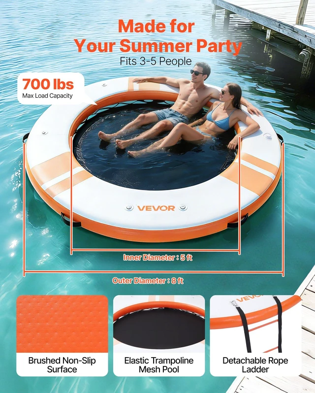 Alt view image 2 of 8 - VEVOR Inflatable Floating Dock, 8 FT Inflatable Dock Platform, Non-Slip Water Air Mat with Portable Carrying Bag and Detachable Ladder, Floating Water Platform Island Raft for Pool Beach Ocean, Orange