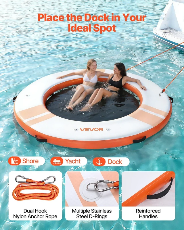 Alt view image 4 of 8 - VEVOR Inflatable Floating Dock, 8 FT Inflatable Dock Platform, Non-Slip Water Air Mat with Portable Carrying Bag and Detachable Ladder, Floating Water Platform Island Raft for Pool Beach Ocean, Orange