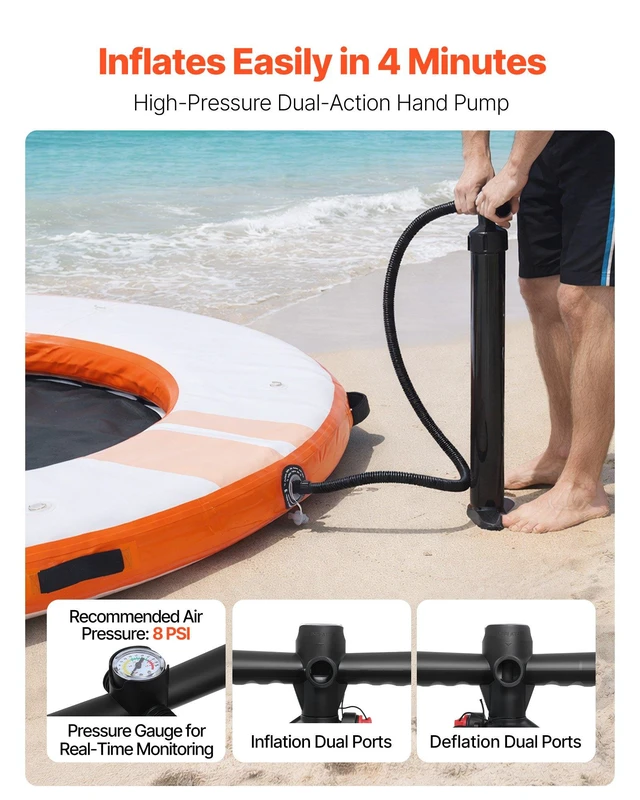 Alt view image 5 of 8 - VEVOR Inflatable Floating Dock, 8 FT Inflatable Dock Platform, Non-Slip Water Air Mat with Portable Carrying Bag and Detachable Ladder, Floating Water Platform Island Raft for Pool Beach Ocean, Orange