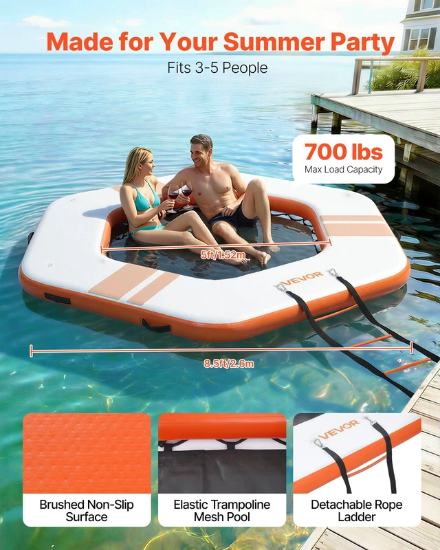 Alt view image 2 of 8 - VEVOR Inflatable Floating Dock, 8.5x8.5 FT Inflatable Dock Platform, Non-Slip Water Mat with Portable Carrying Bag & Detachable Ladder, Floating Water Platform Island Raft for Pool Beach Ocean, Orange