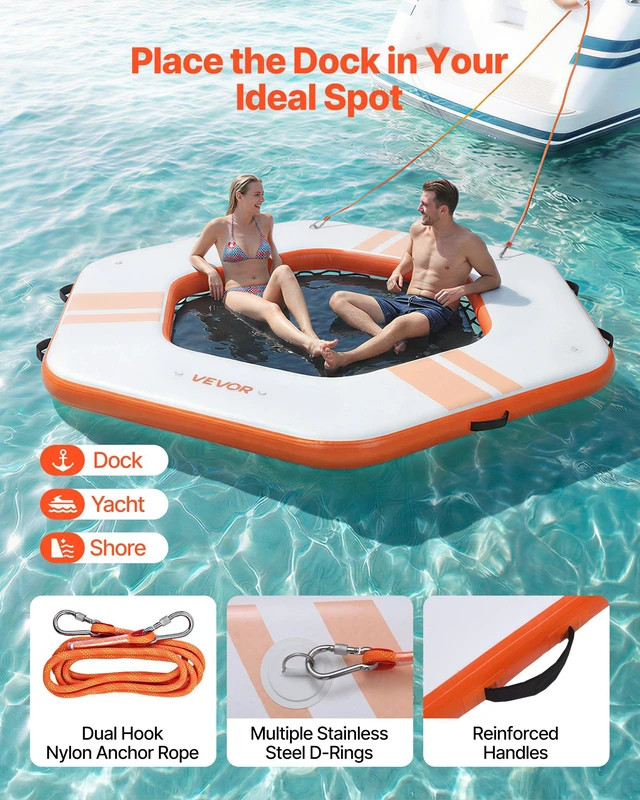 Alt view image 4 of 8 - VEVOR Inflatable Floating Dock, 8.5x8.5 FT Inflatable Dock Platform, Non-Slip Water Mat with Portable Carrying Bag & Detachable Ladder, Floating Water Platform Island Raft for Pool Beach Ocean, Orange