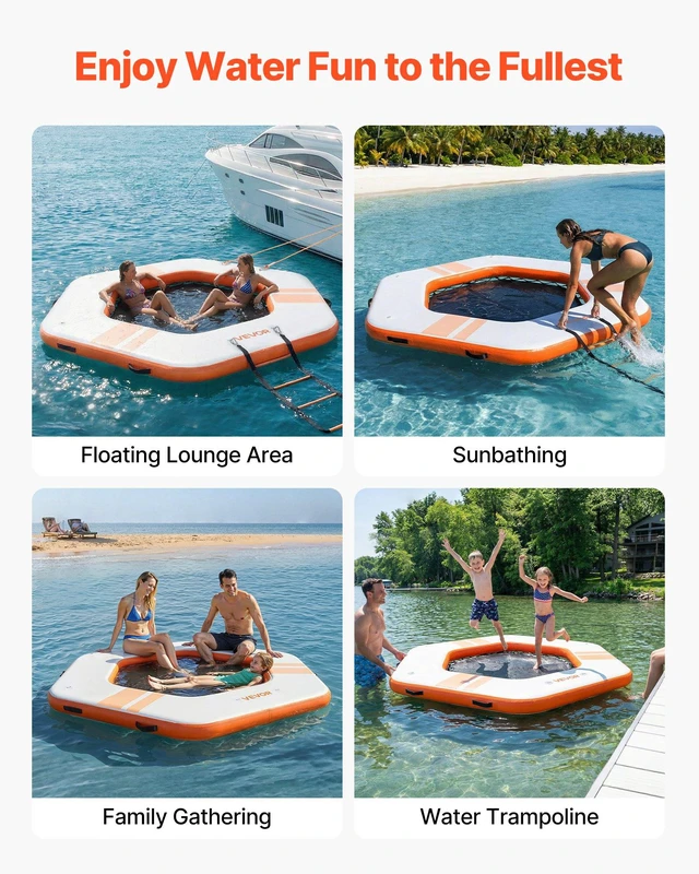 Alt view image 6 of 8 - VEVOR Inflatable Floating Dock, 8.5x8.5 FT Inflatable Dock Platform, Non-Slip Water Mat with Portable Carrying Bag & Detachable Ladder, Floating Water Platform Island Raft for Pool Beach Ocean, Orange