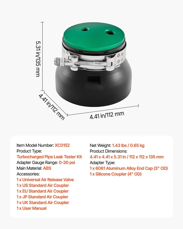 Alt view image 7 of 8 - VEVOR Turbo Boost Leak Tester 4", 3" 6061 Aluminum End Cap, 0-30 PSI Adapter Gauge Range, Check Test Intake Charge Pipe Pressure Leaks with 4 Pairs of Air Fittings for Turbo Cars, SUVs, Diesel Trucks