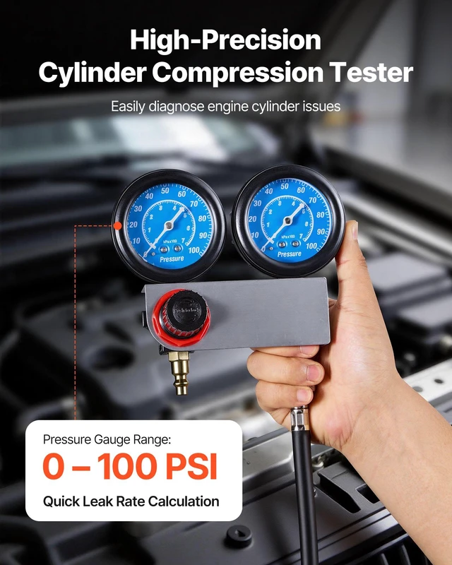 Alt view image 2 of 8 - VEVOR Engine Cylinder Compression Tester Kit, Pressure Gauge Range of 0-100 PSI, Automotive Leak Down Tester Kit with 4 Adapters & Air Fittings, Pressure Check & Leakage Rate Test on Cars, Motorcycles