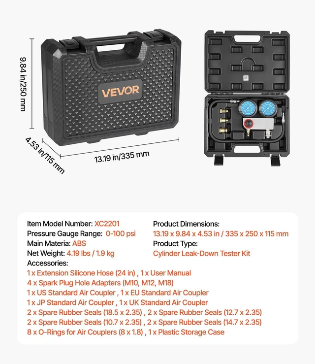 Alt view image 7 of 8 - VEVOR Engine Cylinder Compression Tester Kit, Pressure Gauge Range of 0-100 PSI, Automotive Leak Down Tester Kit with 4 Adapters & Air Fittings, Pressure Check & Leakage Rate Test on Cars, Motorcycles