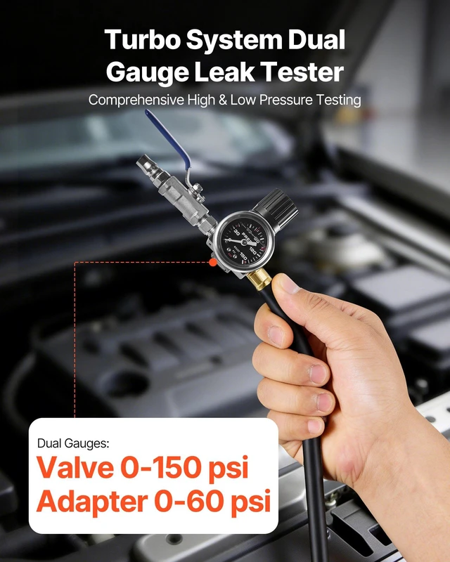 Alt view image 2 of 8 - VEVOR Turbo Boost Leak Tester Kit, Compatible with 3"/3.5"/4" Pipe, 0-150 PSI Valve Gauge & 0-60 PSI Adapter Gauge, Turbo System Leakage Tester Set with 4 Pairs of Air Fittings for Diesel Trucks, SUVs