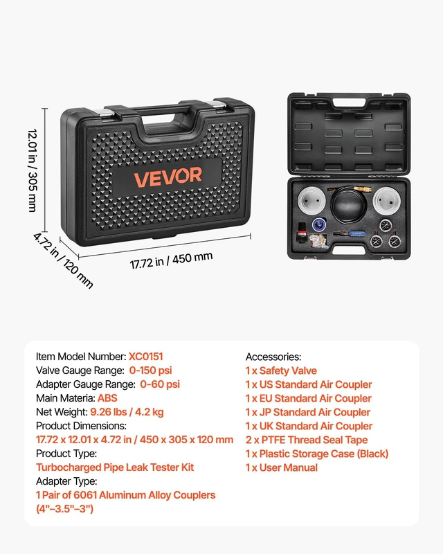 Alt view image 7 of 8 - VEVOR Turbo Boost Leak Tester Kit, Compatible with 3"/3.5"/4" Pipe, 0-150 PSI Valve Gauge & 0-60 PSI Adapter Gauge, Turbo System Leakage Tester Set with 4 Pairs of Air Fittings for Diesel Trucks, SUVs