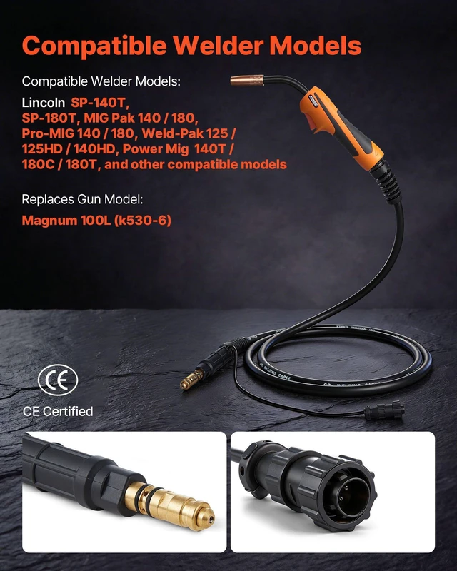 Alt view image 2 of 8 - VEVOR 100A MIG Welding Gun with 10FT Cable, Replacement for Lincoln Magnum 100L (K530-6) - with 5PCS Mig Welding Contact Tips