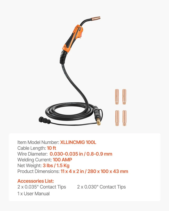 Alt view image 7 of 8 - VEVOR 100A MIG Welding Gun with 10FT Cable, Replacement for Lincoln Magnum 100L (K530-6) - with 5PCS Mig Welding Contact Tips