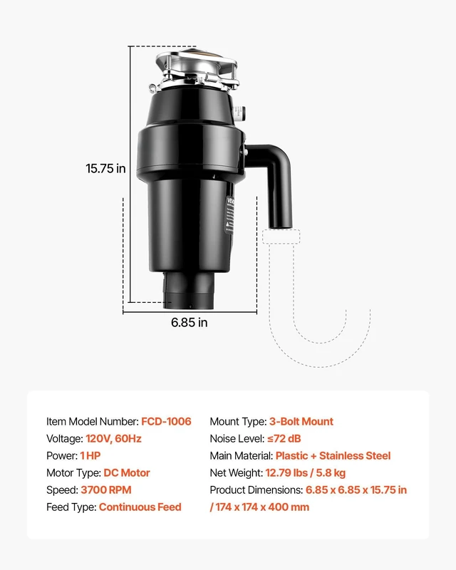 Alt view image 7 of 8 - VEVOR Food Waste Garbage Disposal, 1HP 3700RPM DC Motor, Continuous Feed Kitchen Sink Garbage Disposer, 3-Bolt Mount Food Waste Grinding System with Splash Guard & Power Cord for Kitchens