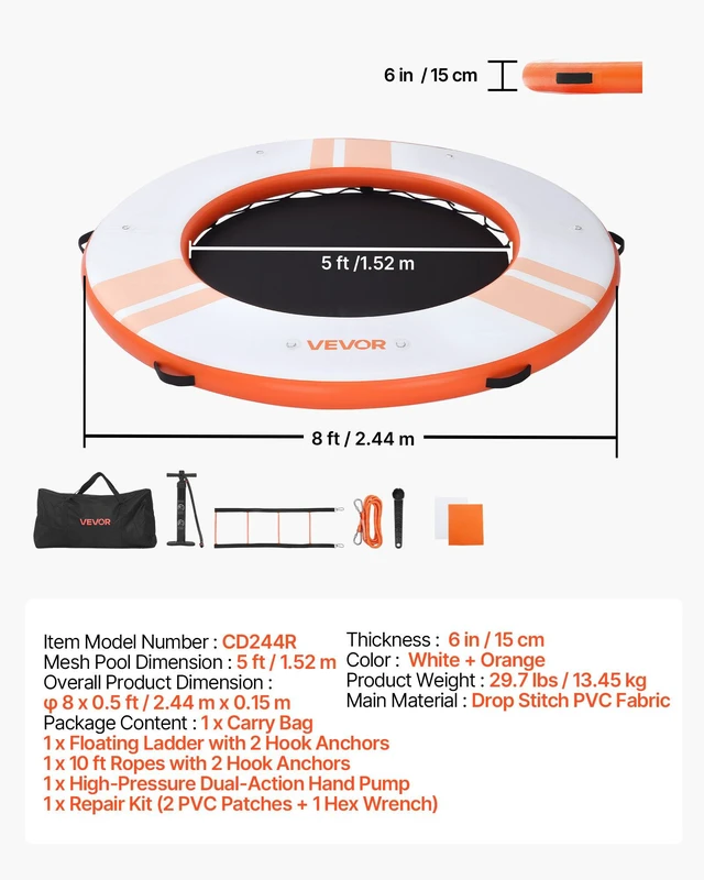 Alt view image 7 of 8 - VEVOR Inflatable Floating Dock, 8 FT Inflatable Dock Platform, Non-Slip Water Air Mat with Portable Carrying Bag and Detachable Ladder, Floating Water Platform Island Raft for Pool Beach Ocean, Orange