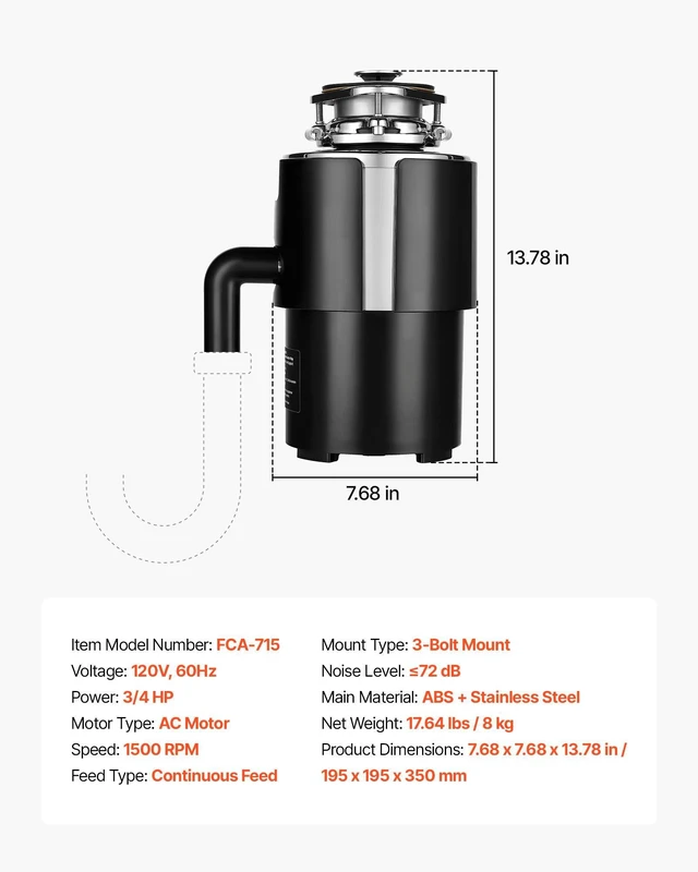 Alt view image 7 of 8 - VEVOR Food Waste Garbage Disposal, 3/4HP 1500RPM AC Motor, Continuous Feed Kitchen Sink Garbage Disposer, 3-Bolt Mount Food Waste Grinding System with Splash Guard & Power Cord for Kitchens