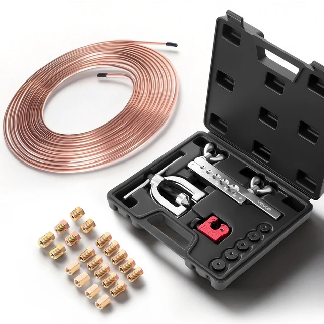 Main image of VEVOR 3/16" Brake Line Repair Kit, 45° Double & Single Brake Line Flaring Tool Kit, 25FT Copper Coated Brake Line (with 16 Fittings & 4 Unions) - Tube Cutter, 5 Adapters and Toolbox Included