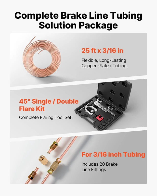 Alt view image 2 of 8 - VEVOR 3/16" Brake Line Repair Kit, 45° Double & Single Brake Line Flaring Tool Kit, 25FT Copper Coated Brake Line (with 16 Fittings & 4 Unions) - Tube Cutter, 5 Adapters and Toolbox Included