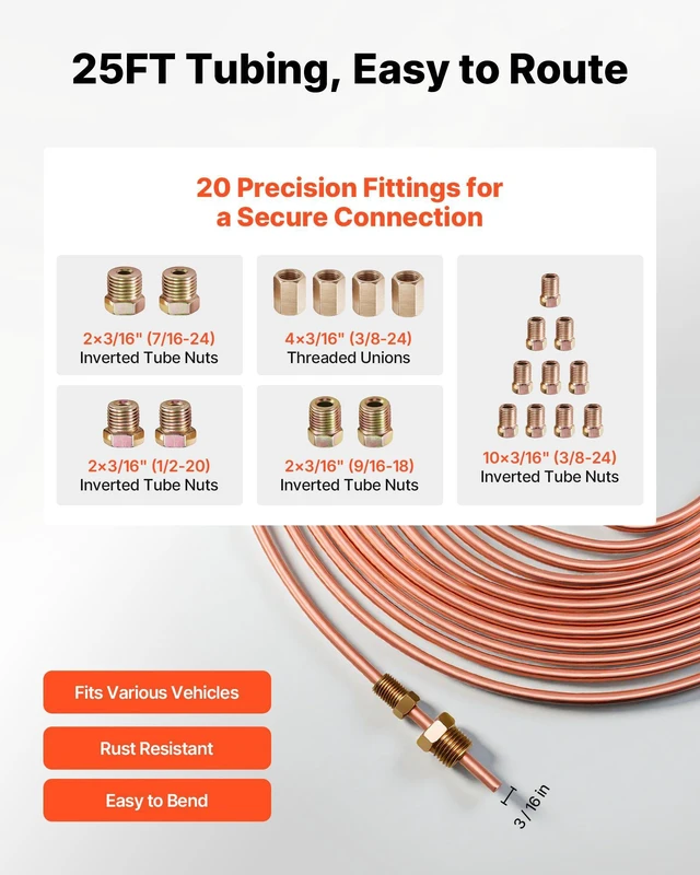 Alt view image 3 of 8 - VEVOR 3/16" Brake Line Repair Kit, 45° Double & Single Brake Line Flaring Tool Kit, 25FT Copper Coated Brake Line (with 16 Fittings & 4 Unions) - Tube Cutter, 5 Adapters and Toolbox Included