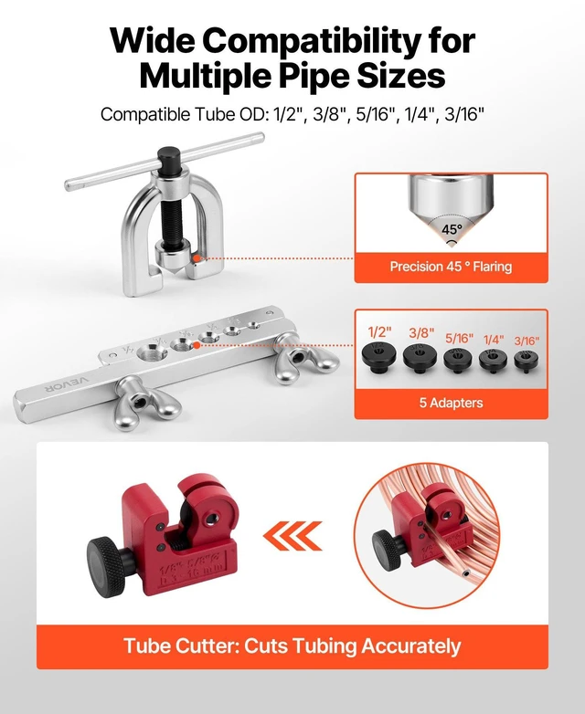 Alt view image 5 of 8 - VEVOR 3/16" Brake Line Repair Kit, 45° Double & Single Brake Line Flaring Tool Kit, 25FT Copper Coated Brake Line (with 16 Fittings & 4 Unions) - Tube Cutter, 5 Adapters and Toolbox Included