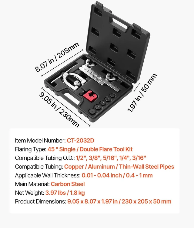 Alt view image 7 of 8 - VEVOR 3/16" Brake Line Repair Kit, 45° Double & Single Brake Line Flaring Tool Kit, 25FT Copper Coated Brake Line (with 16 Fittings & 4 Unions) - Tube Cutter, 5 Adapters and Toolbox Included