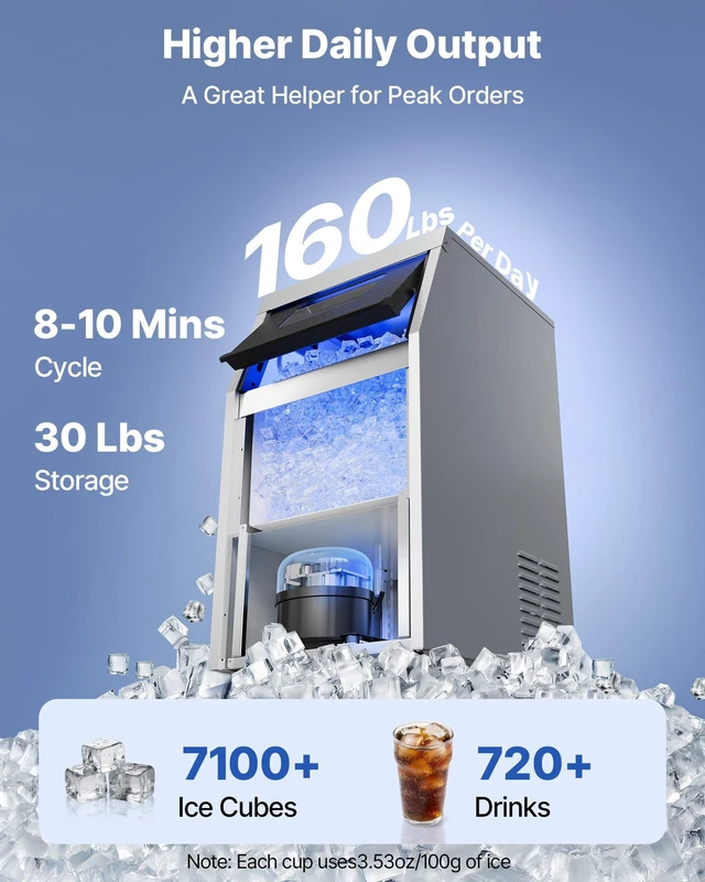 Alt view image 2 of 8 - VEVOR Commercial Ice Maker Machine, 160 lbs/24h with 30 lbs Storage Capacity, Built-in/Freestanding/Under Counter, Stainless Steel Ice Maker with LED Display & Self-Cleaning, for Home Bar Restaurant