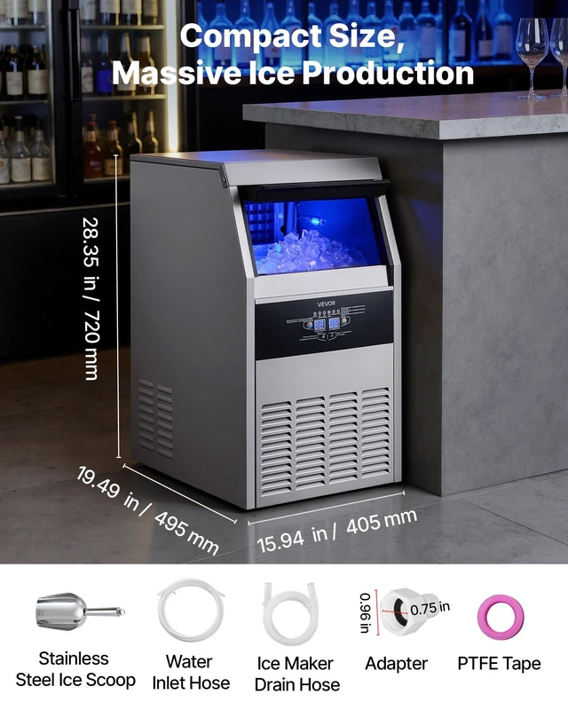 Alt view image 7 of 8 - VEVOR Commercial Ice Maker Machine, 160 lbs/24h with 30 lbs Storage Capacity, Built-in/Freestanding/Under Counter, Stainless Steel Ice Maker with LED Display & Self-Cleaning, for Home Bar Restaurant